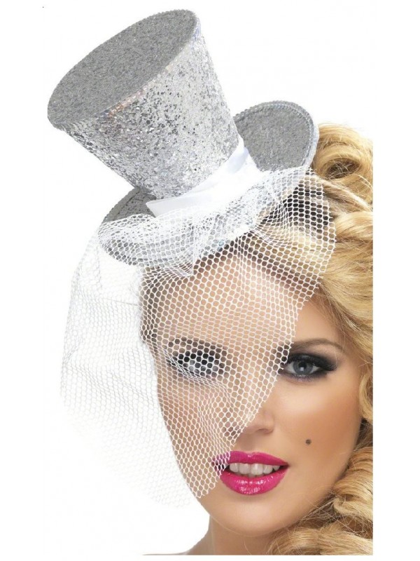 Mini chapeau burlesque argent avec voilette