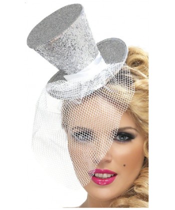 Mini chapeau burlesque argent avec voilette