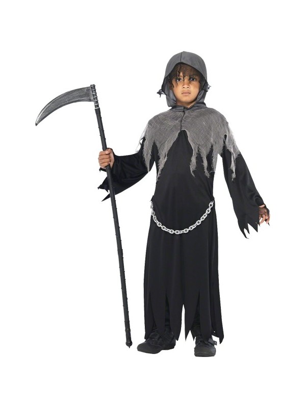 BARVERE Deguisement Halloween Enfant Garcon, Déguisement Halloween Garçon  avec Capuche, Faucille, Ceinture, Gants et Chaîne, Costume Halloween pour