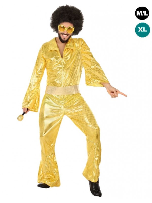 Homme dans un costume disco années 70 perruque et bête Photo Stock