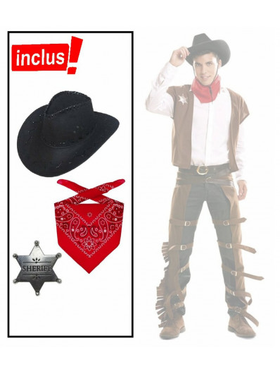 Mufeng Déguisement Cowboy Homme - Gilet Vache + Chapeau Western + Bandana - Costume Cow-Boy Halloween Carnaval Rodéo